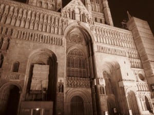 The front of Lincoln Cathedral at night